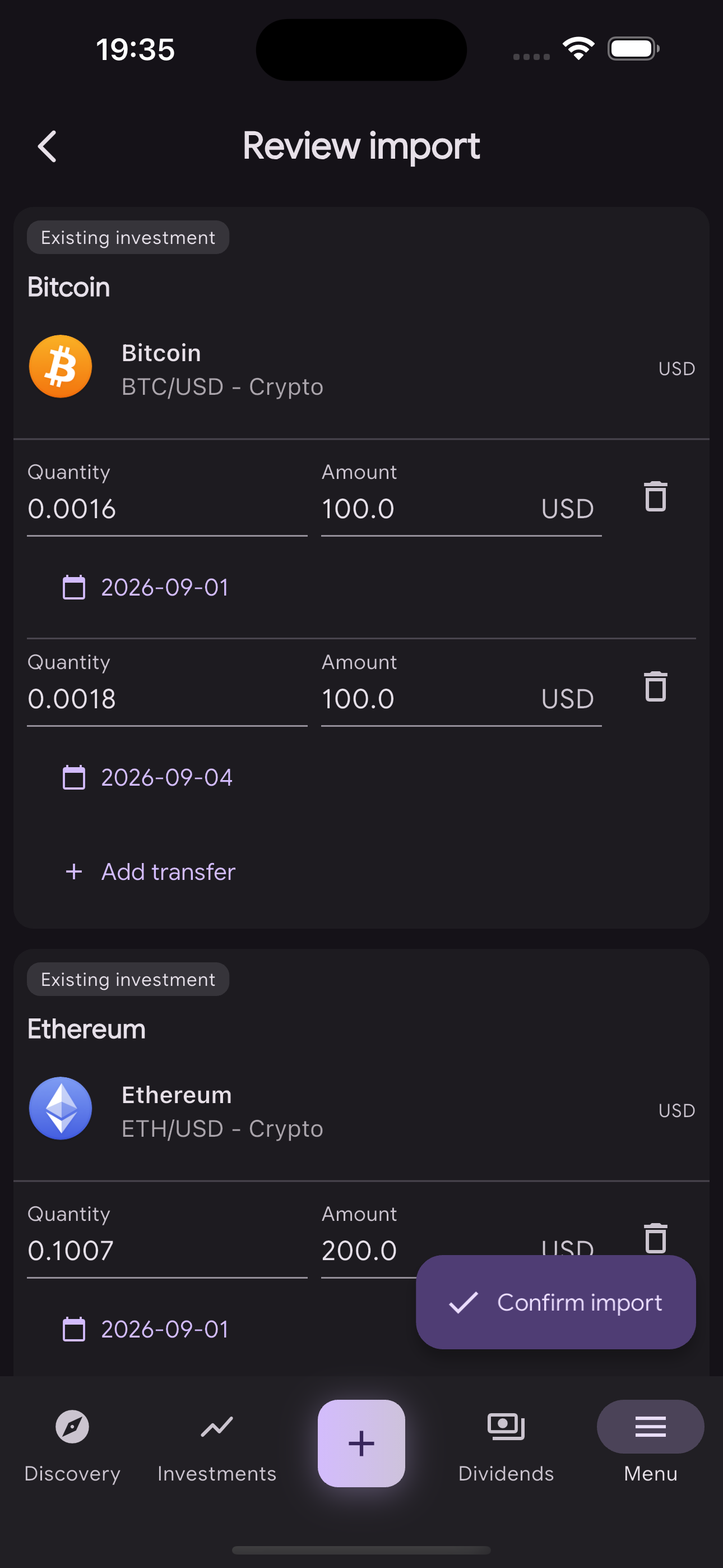 Rimawari AI import screen showing Bitcoin and Ethereum transactions extracted and pre-filled automatically, ready to confirm