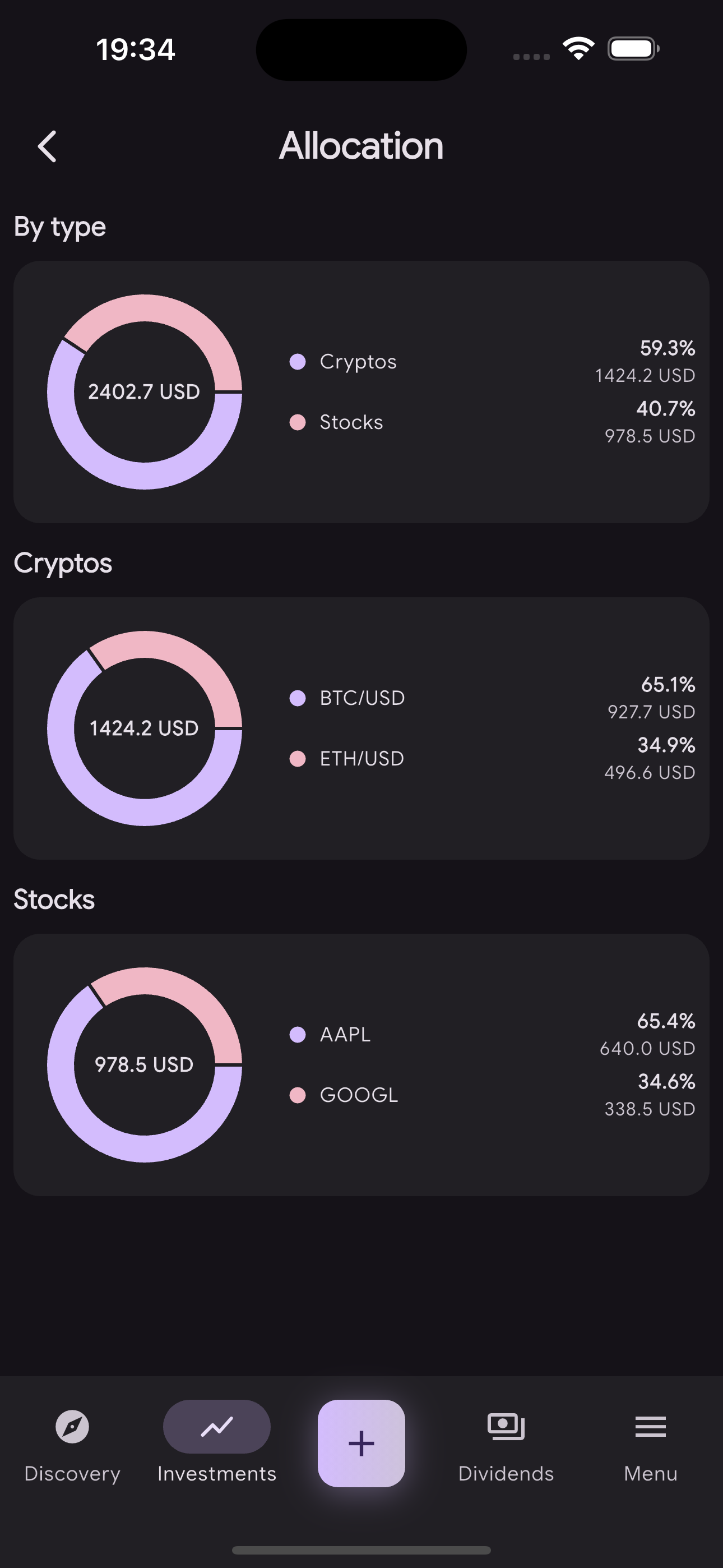 Rimawari allocation screen showing a portfolio split across crypto and stocks