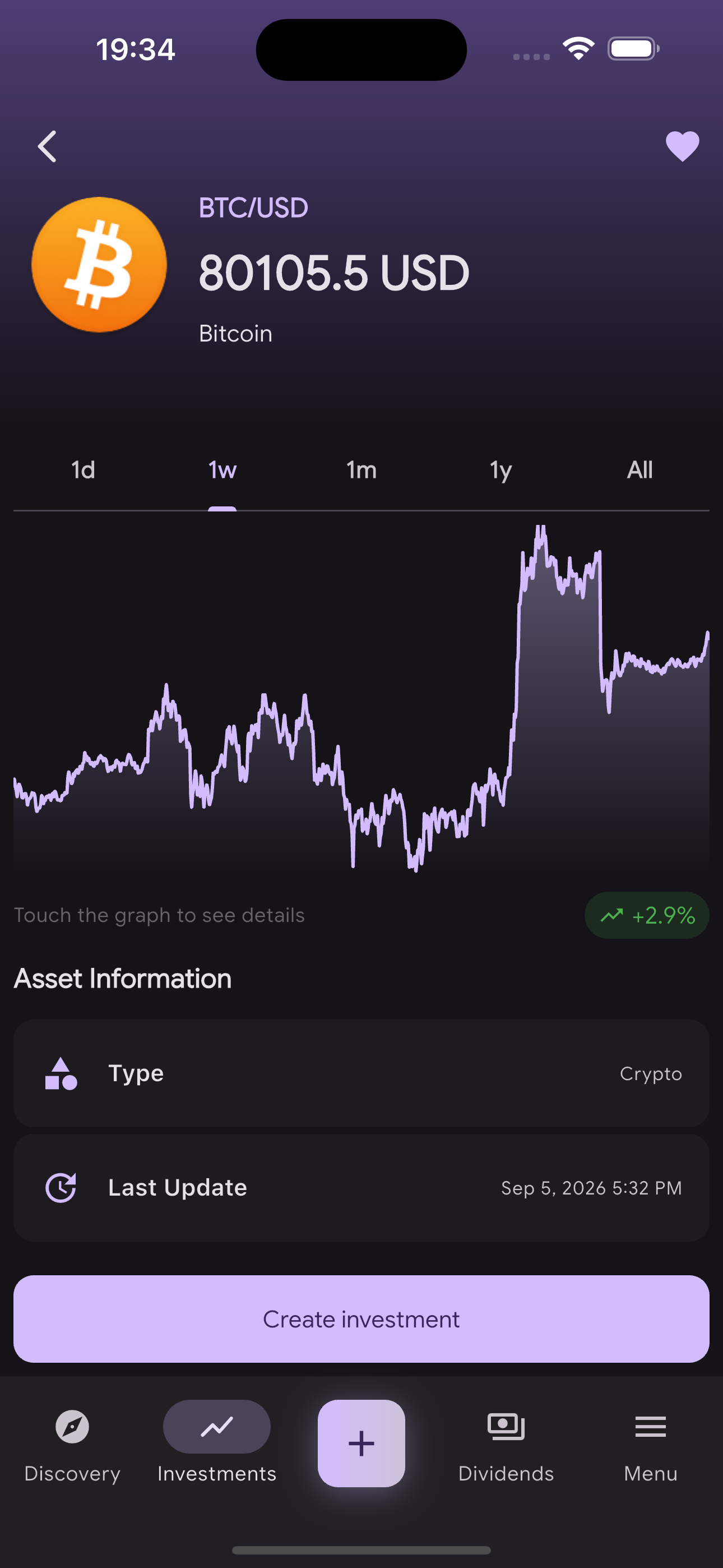 Rimawari asset research screen with price history before adding an investment