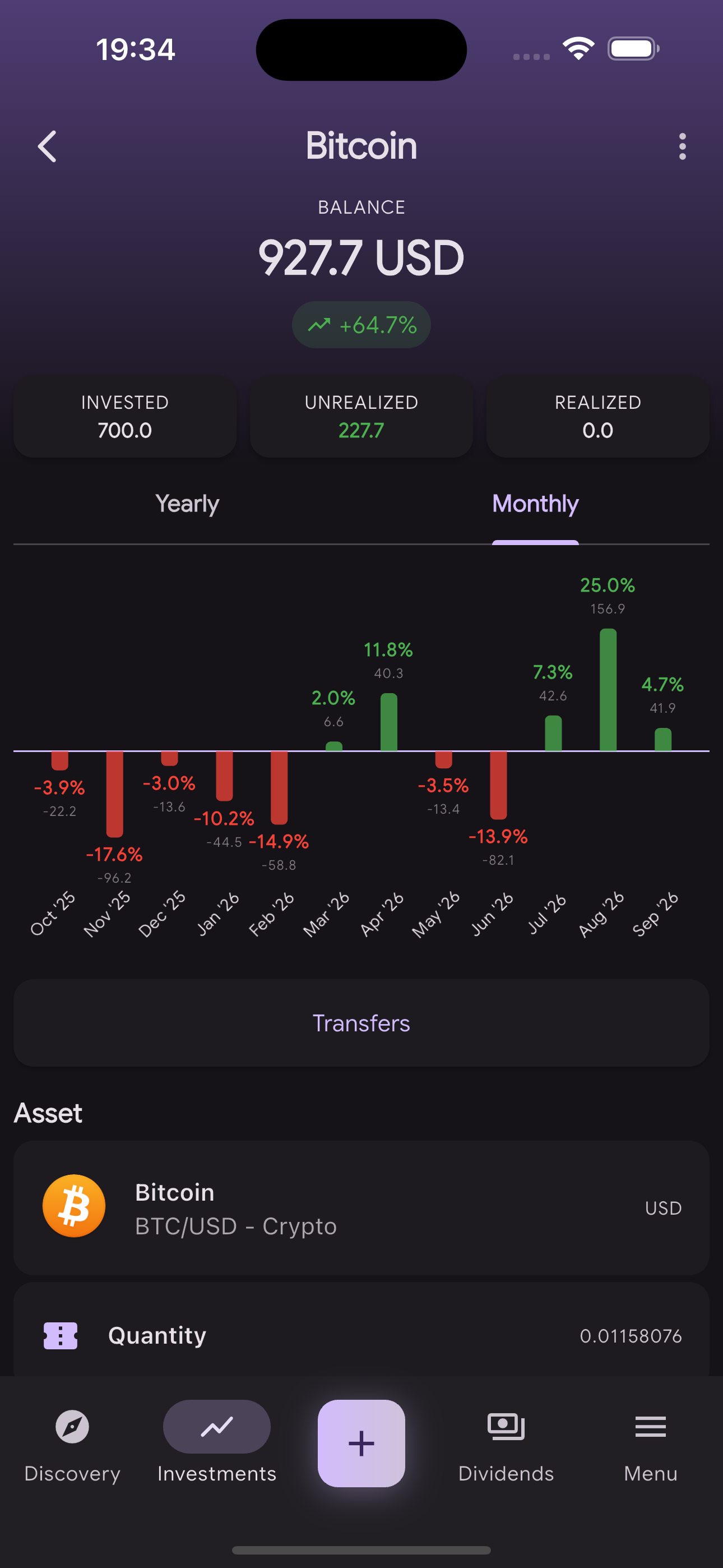 Rimawari investment screen showing real return after fees and currency conversion
